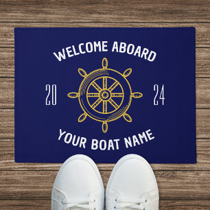 Welcome Aboard Gift Boat Owners Navy Blue Gold Doormat