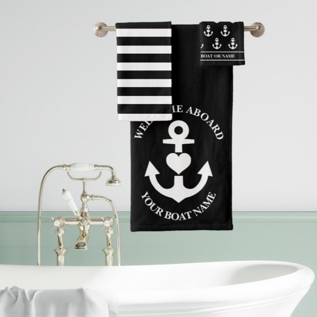 Welcome Aboard Heart Anchor Black White Stripes Bath Towel Set (Creator Uploaded)