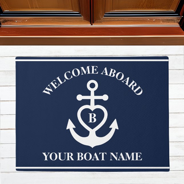 Welcome Aboard Heart Anchor Boat Name Monogram Doormat (Creator Uploaded)