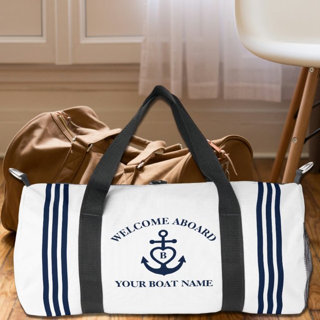 Welcome Aboard Heart Anchor Boat Name Monogram Duffle Bag (Creator Uploaded)
