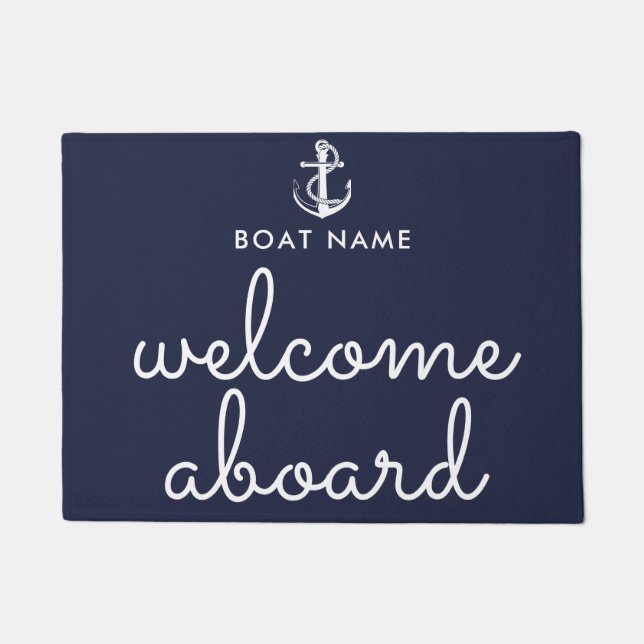 Welcome Aboard Nautical Anchor Boat Name Navy Blue Doormat (Front)