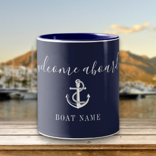 Welcome Aboard Nautical Anchor Boat Name Navy Blue Two-Tone Coffee Mug