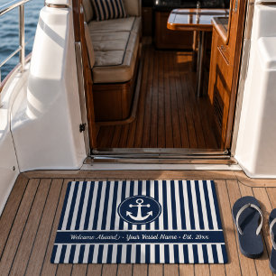 Welcome Aboard Nautical Anchor Rope Blue Stripes Doormat