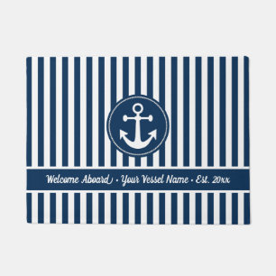 Welcome Aboard Nautical Anchor Rope Blue Stripes Doormat