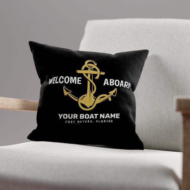 Welcome Aboard Nautical Black & Gold Boat Name Cushion (Creator Uploaded)