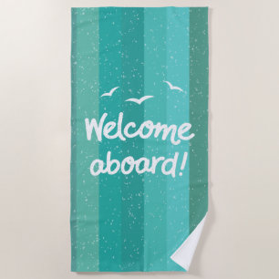 Welcome Aboard Nautical Blue Striped Deck Beach Towel