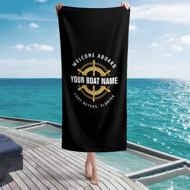 Welcome Aboard Nautical Boat Name Black & Gold Beach Towel (Creator Uploaded)
