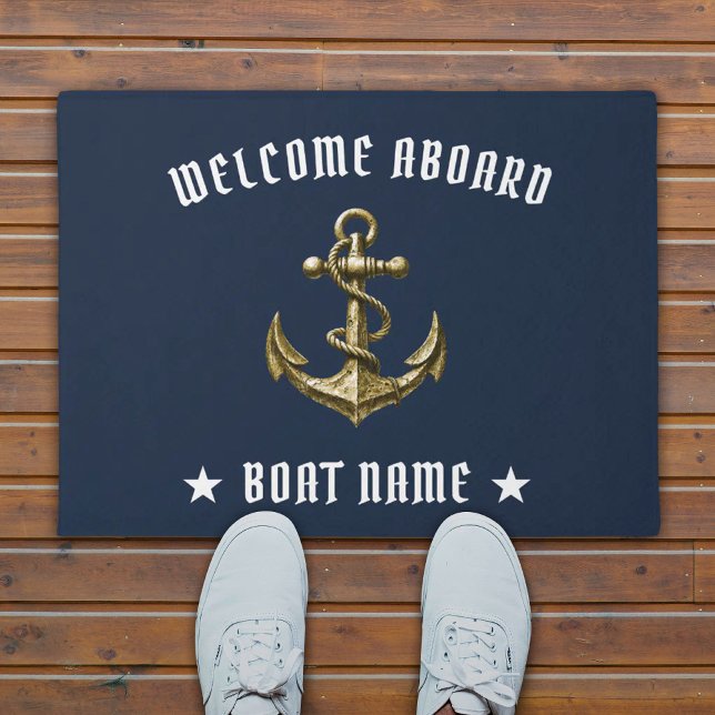 Welcome Aboard Nautical Gold Anchor Navy Blue Boat Doormat (Creator Uploaded)