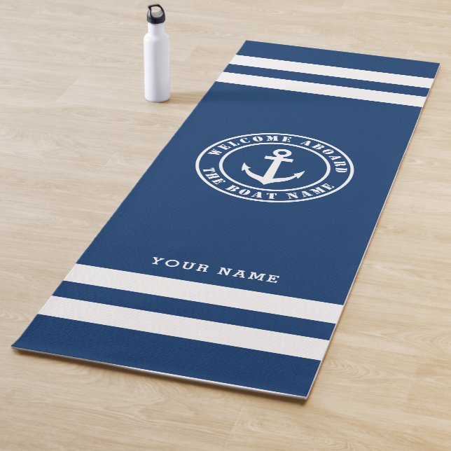 Welcome aboard nautical navy blue and white stripe yoga mat (In Situ)