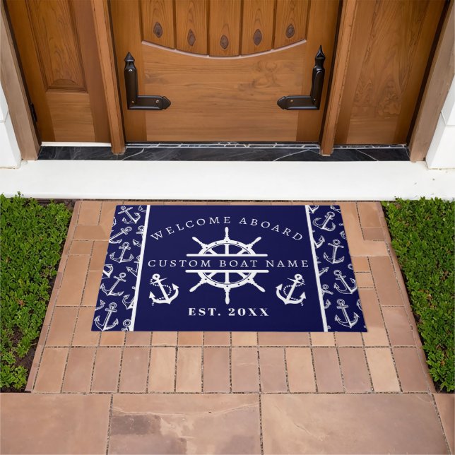 Welcome Aboard Nautical Navy Blue Boat anchor Doormat (Outdoor)