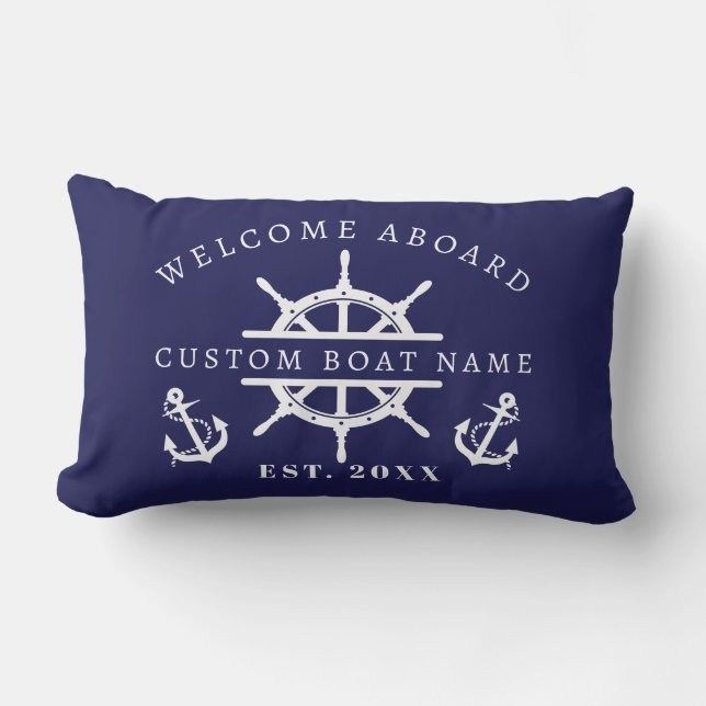 Welcome Aboard Nautical Navy Blue Boat anchor Lumbar Cushion (Front)