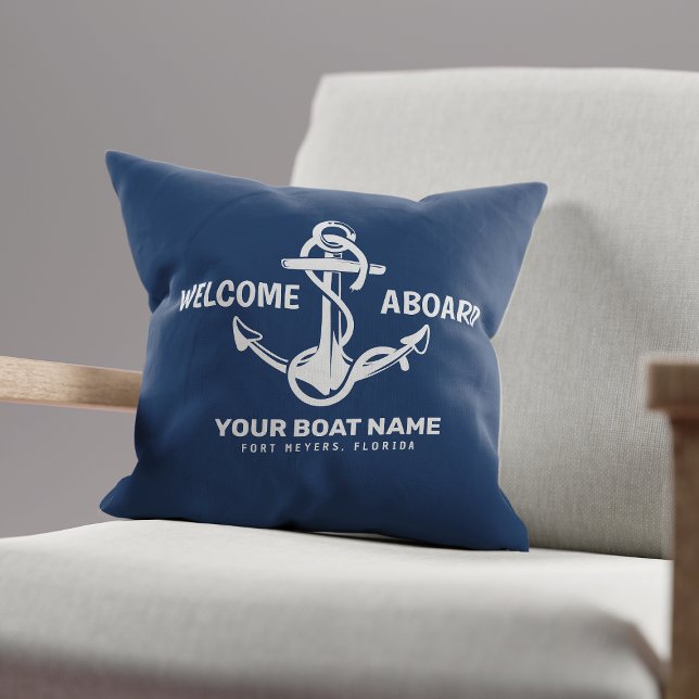 Welcome Aboard Nautical Navy Blue Boat Name Cushion (Creator Uploaded)