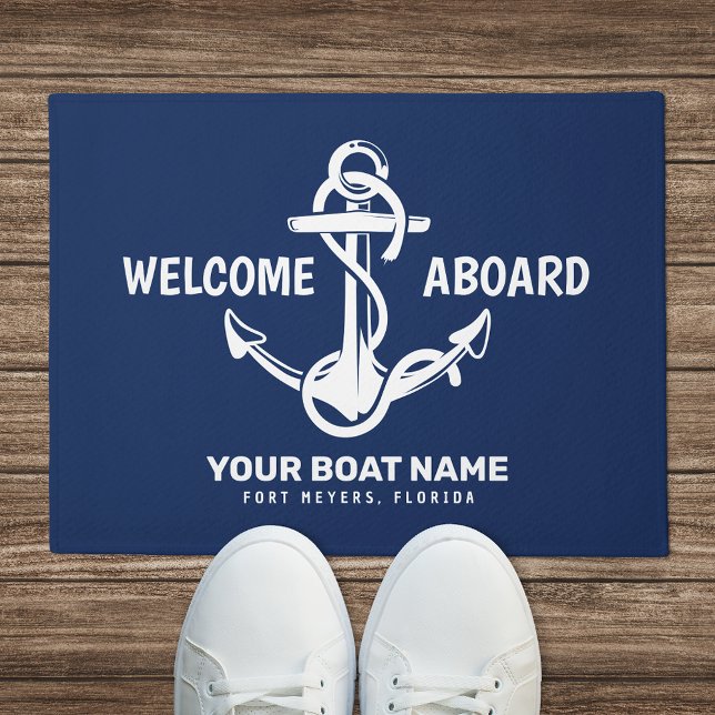 Welcome Aboard Nautical Navy Blue Boat Name Doormat (Creator Uploaded)
