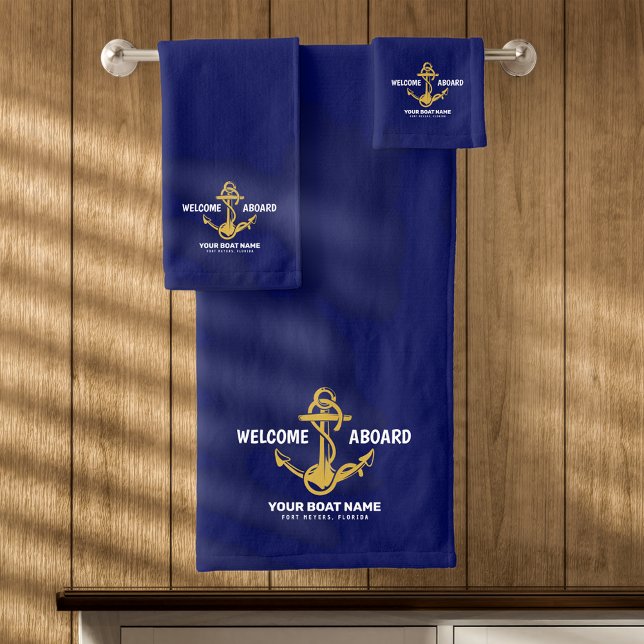 Welcome Aboard Nautical Navy Blue & Gold Boat Name Bath Towel Set (Creator Uploaded)