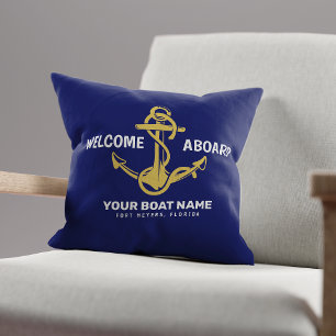 Welcome Aboard Nautical Navy Blue Gold Boat Name Cushion