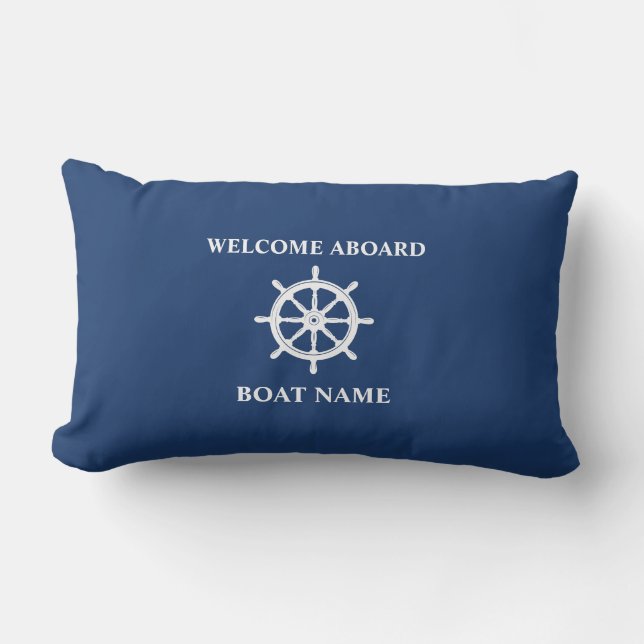 Welcome Aboard Nautical Ship Wheel Helm Navy Blue Lumbar Cushion (Front)