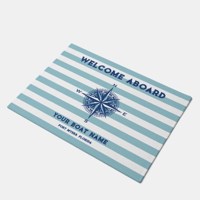 Welcome Aboard Nautical Stripes Boat Name Doormat (Angled)