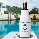 Welcome Aboard Nautical Vintage Anchor Boat Name Bottle Cooler<br><div class="desc">Welcome Aboard Your Personalized Boat Name with Vintage Nautical Anchor in Navy Blue on a White Bottle Cooler.</div>