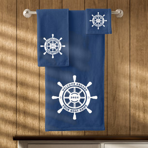 Welcome Aboard Navy Blue Custom Boat Name Bath Towel Set
