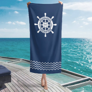 Welcome Aboard Navy Blue Custom Boat Name Beach Towel