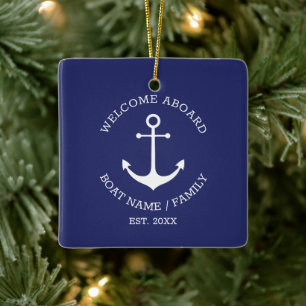 Welcome Aboard navy blue custom nautical anchor Ceramic Ornament