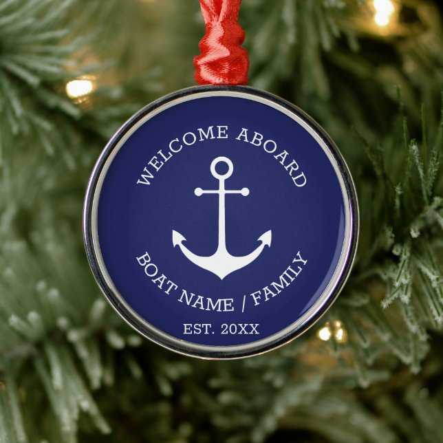 Welcome Aboard navy blue custom nautical anchor Metal Ornament (Tree)