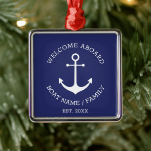 Welcome Aboard navy blue custom nautical anchor Metal Ornament