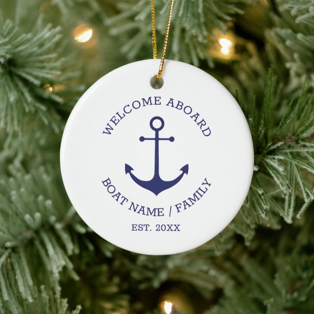 Welcome Aboard navy white custom nautical anchor Ceramic Ornament (Tree)