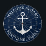 Welcome Aboard navy white nautical anchor name Dartboard<br><div class="desc">Welcome Aboard, Custom Boat name or Family name, nautical anchor and text Fully customisable text. So you can personalise it and make it unique. nautical sailing text, captain name, boat name, family name, entrance sign, etc White text and anchor on dark navy blue background. Colours are editable. This dartboard is...</div>