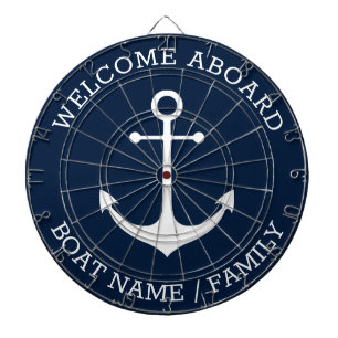 Welcome Aboard navy white nautical anchor name Dartboard