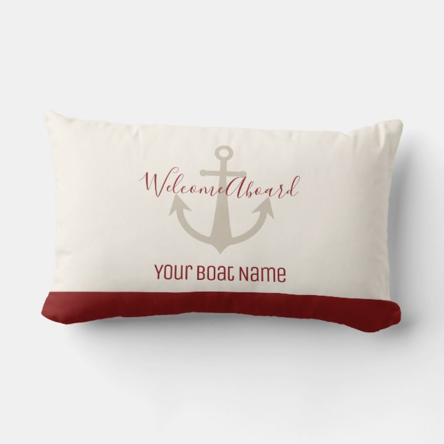 Welcome Aboard Red Cream Anchor Boat Name Nautical Lumbar Cushion (Back)