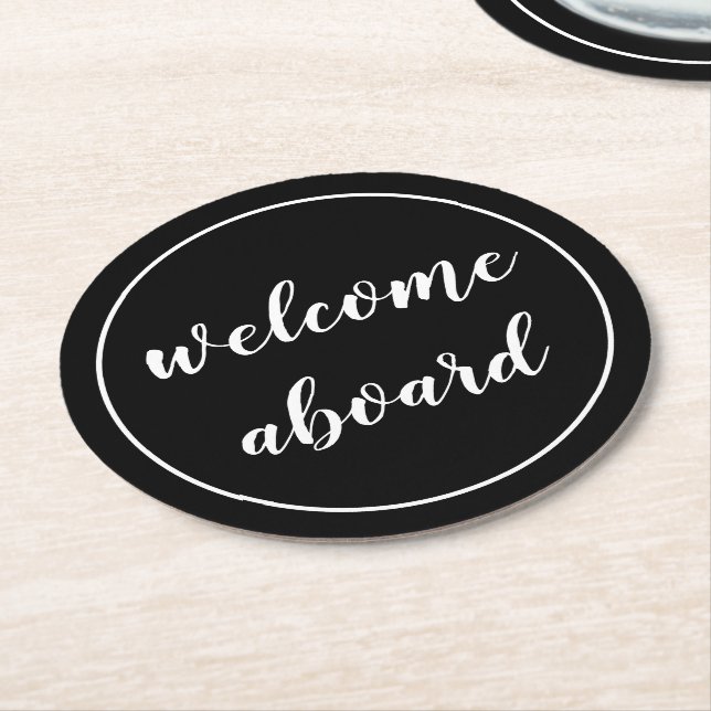 welcome aboard script round paper coaster (Angled)