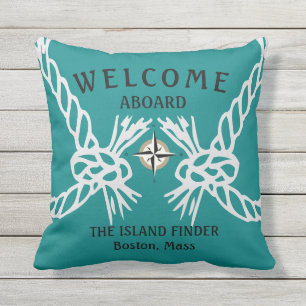 Welcome Aboard The Boats Name Teal and White Cushion
