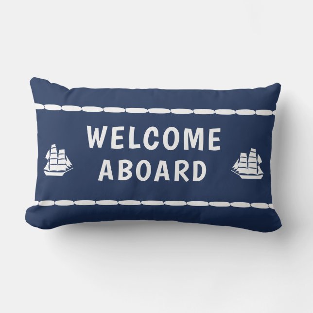 Welcome Aboard white Boats  Blue Lumbar Pillow (Front)