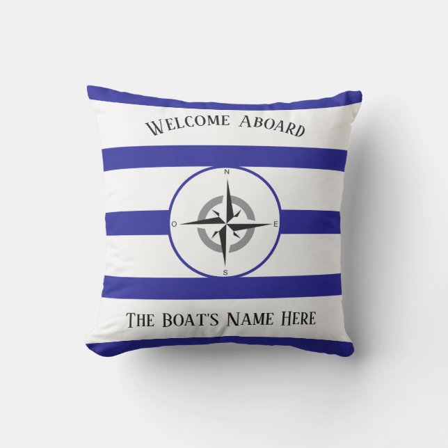Welcome Aboard White Boats Name Blue Stripes - Cushion (Front)