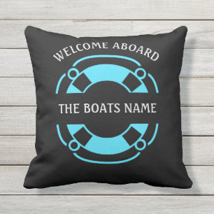 Welcome Aboard with Personalized Boats Name Black Cushion