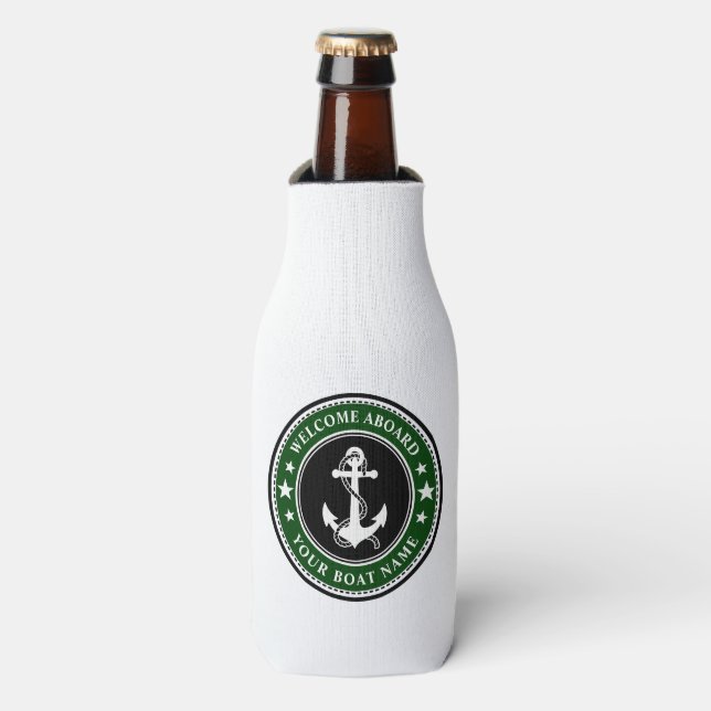 Welcome Aboard Your Boat Name Anchor Stars Green Bottle Cooler (Bottle Front)