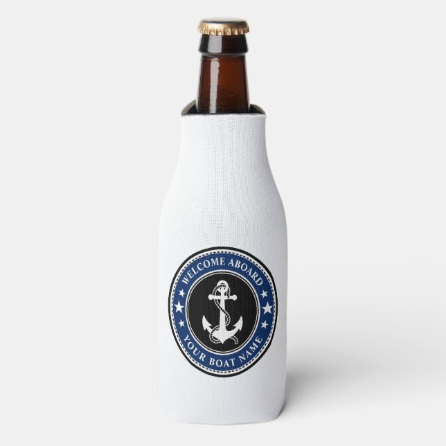 Welcome Aboard Your Boat Name Anchor Stars Navy Bottle Cooler (Bottle Front)