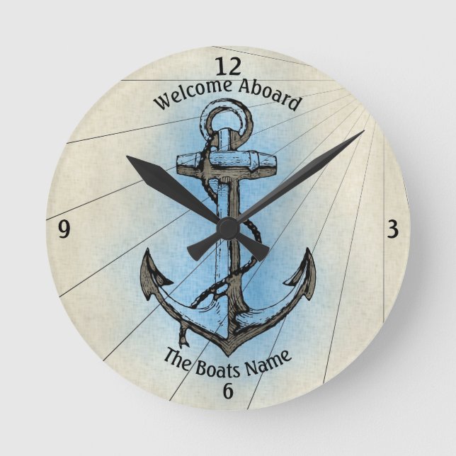 Welcome Aboard Your Boat's Name Anchor  Round Clock (Front)