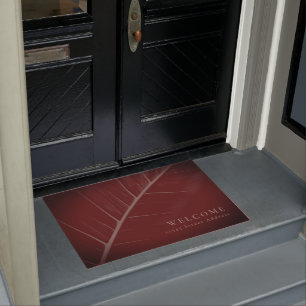 Welcome & Address   Burgundy & Gray Macro Leaf Doormat