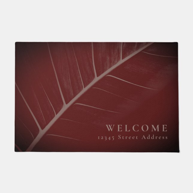 Welcome & Address | Burgundy & Grey Macro Leaf Doormat (Front)