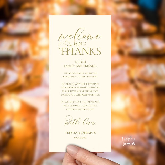 "Welcome and Thanks" Classy Reception Guest Card ("Welcome and Thanks" Classy Wedding Romantic Reception Guest Card in yellow gold)