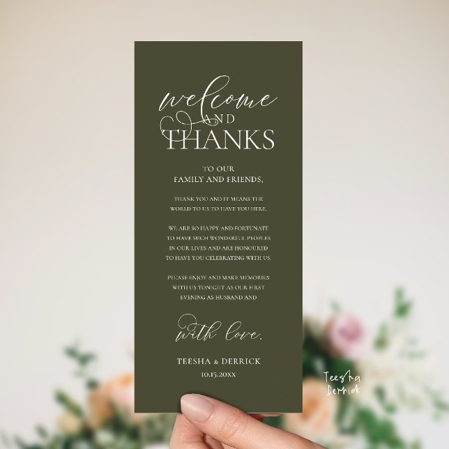"Welcome and Thanks" Classy Reception Guest Card ("Welcome and Thanks" Classy Wedding Romantic Reception Guest Card in olive green)