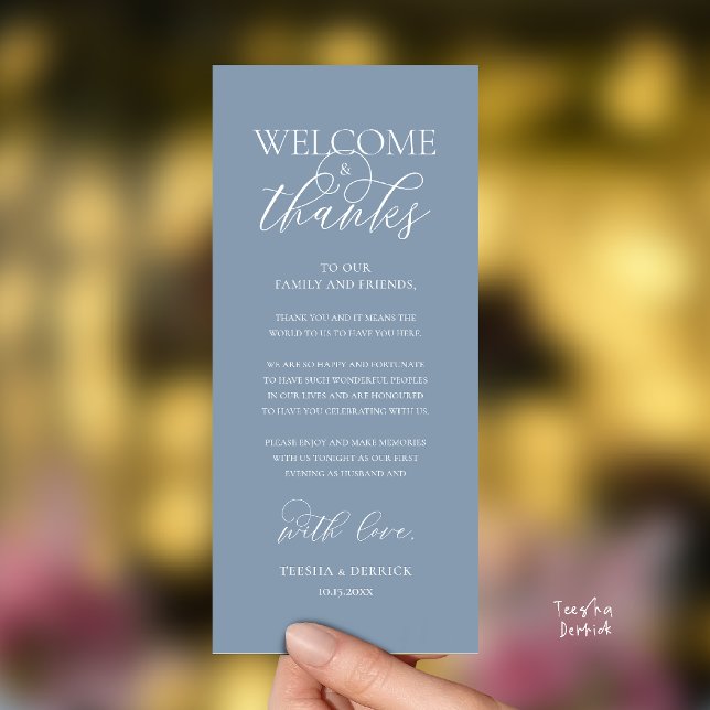 "Welcome and Thanks" Elegant Reception Guest Card ("Welcome and Thanks" Elegant Wedding Reception Guest Thank you Card in Dusty Blue)