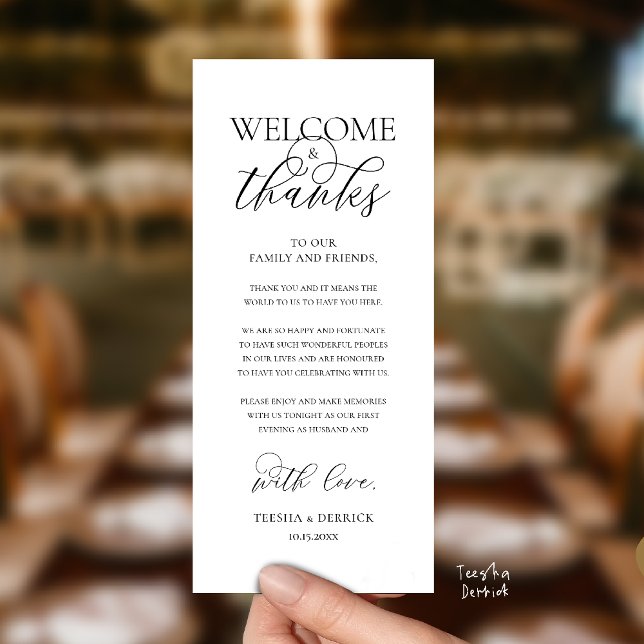 "Welcome and Thanks" Elegant Reception Guest Card ("Welcome and Thanks" Elegant Wedding Reception Guest Thank you Card in Black and white)