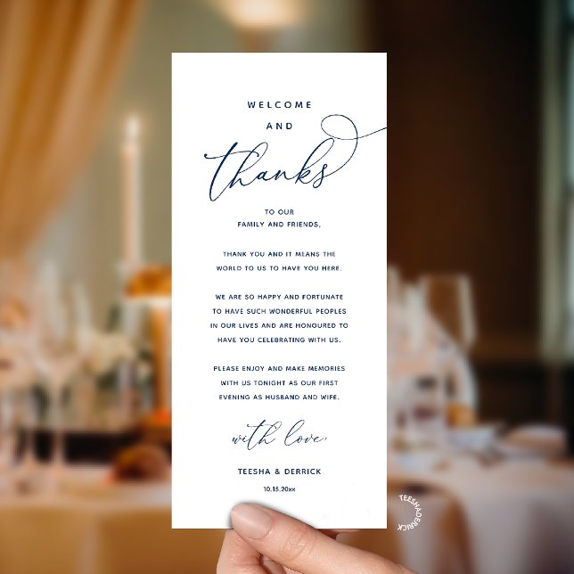 "Welcome and Thanks" Elegant Reception Guest Card (Modern Elegant Wedding Reception "Welcome and Thanks" Table Card for Guest in Navy Blue)