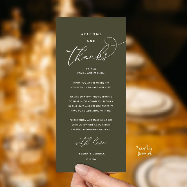 "Welcome and Thanks" Elegant Reception Guest Card (Modern Elegant Wedding Reception "Welcome and Thanks" Table Card for Guest in Olive Green)