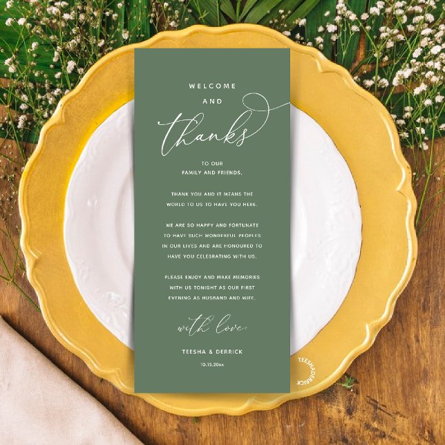 "Welcome and Thanks" Elegant Reception Guest Card (Modern Elegant Wedding Reception "Welcome and Thanks" Table Card for Guest in Sage Green)