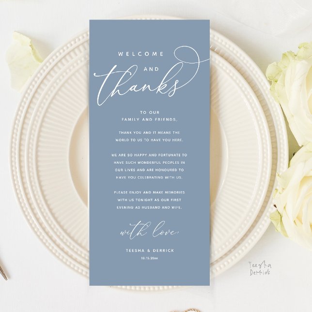 Welcome and Thanks, Modern Dinner Thank You Card (Welcome and Thanks, Modern Boho Wedding Reception Place Setting Thank You Card in Dusty Blue)