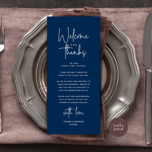 Welcome and Thanks Place Setting Thank You Card (Welcome and Thanks Modern Wedding Dinner Place Setting Thank You Card in Navy Blue)